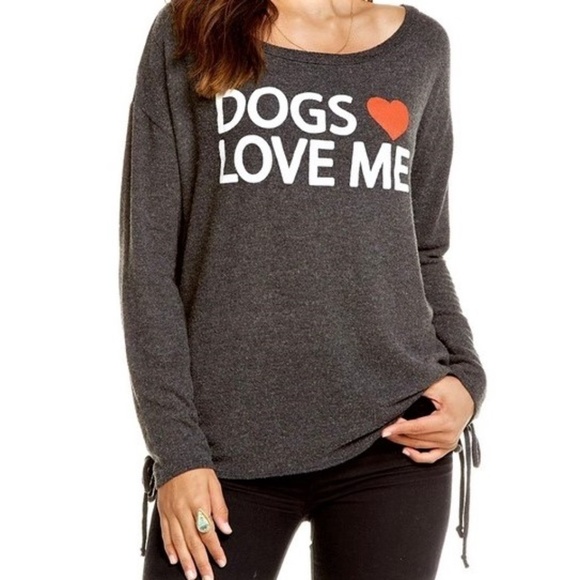 Chaser Tops - Chaser Grey Sweatshirt Ruched Side Ties Dogs Love Me Big Heart Super Soft S
